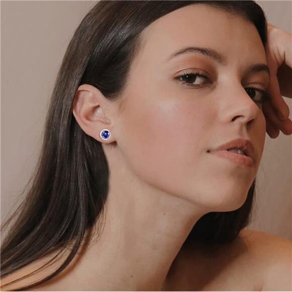 SEPTEMBER 18k White Gold Sapphire Birthstone Diamond Halo Stud Earrings S925 Gem - Picture 3 of 5
